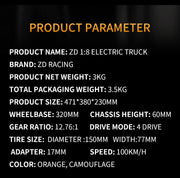 ZD Racing MT8 1/8 RC Car Off-Road 4WD High Speed Racing Remote Control Electric Monster Truck