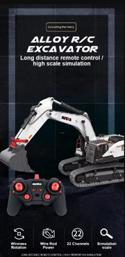 Huina 1594 1:14 RC Excavator 22CH 2.4GHz Alloy Metal Construction Vehicle with 4 Interchangeable Attachments